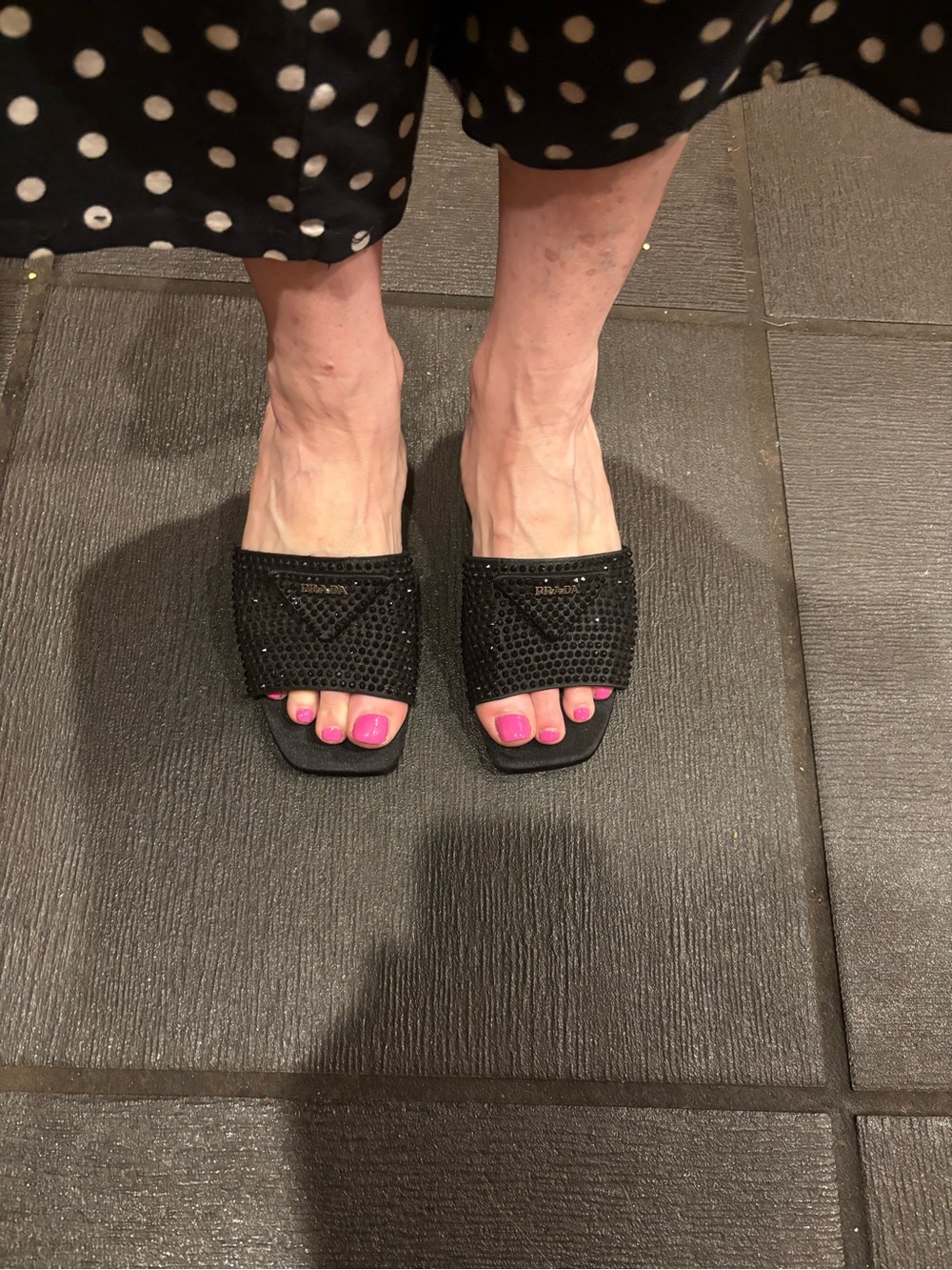 Prada Crystal-Embellished Satin Slides Black Embellished Slide Mules